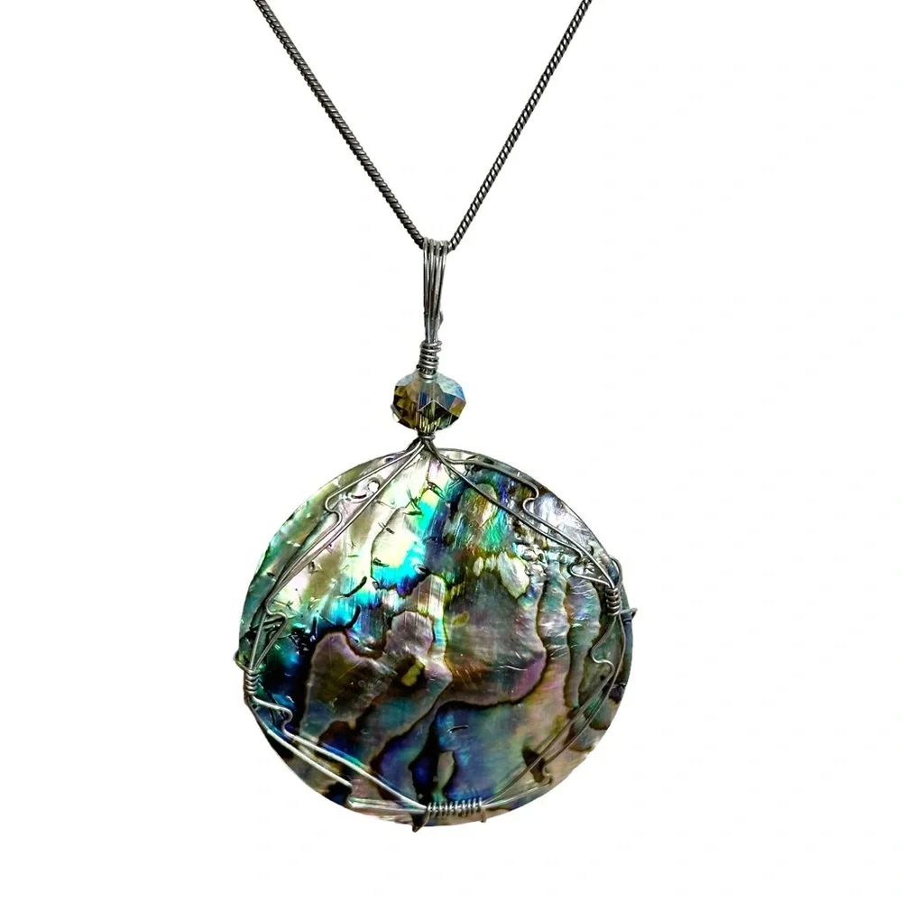 Vintage Sterling Silver Abalone Shell Wire Wrapped Pendant Necklace - Picture 3 of 9